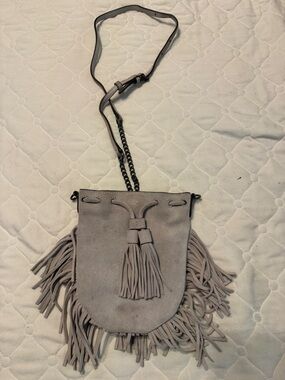 Rebecca Minkoff Gray Suede Fringe Crossbody Bag with Chain Strap